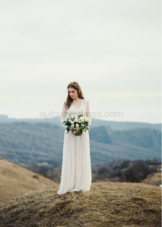 Long Sleeve Ivory Lace Buttons Back Wedding Dress